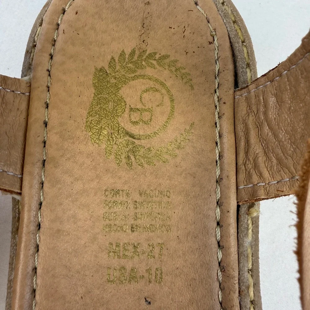 Mexican Huarache Sandals Tan Leather Sunflower‎ Embroidered Ankle Tie Flats 10